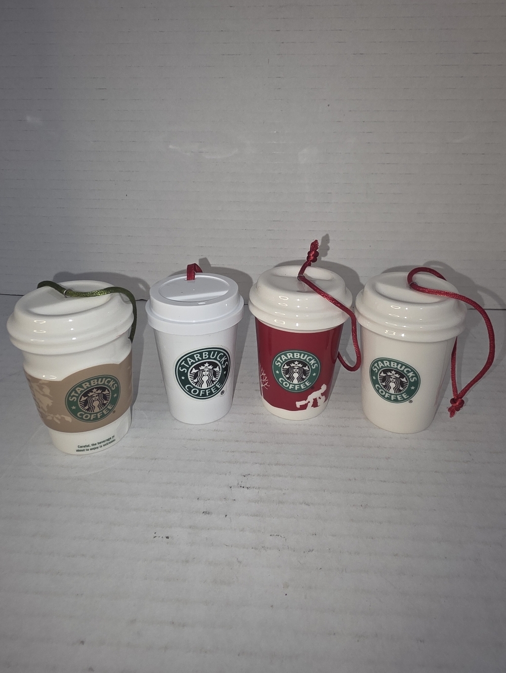 Starbucks Coffee Holiday Ceramic/plastic To Go Cup Christmas Tree Ornament Set 4